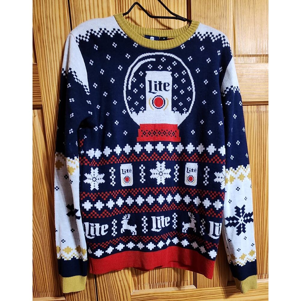 Miller Lite Ugly Christmas Sweater Men Holiday Fair Isle Snow Globe Beer Graphic